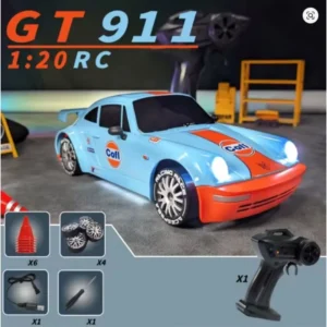 JY2002 Cofl GT911 1:20 RC Drift Car – Remote Control Racing Car with LED Lights, Extra Wheels, Tools & 6 Cones | Blue & Orange Toy Car Gift for Boys
